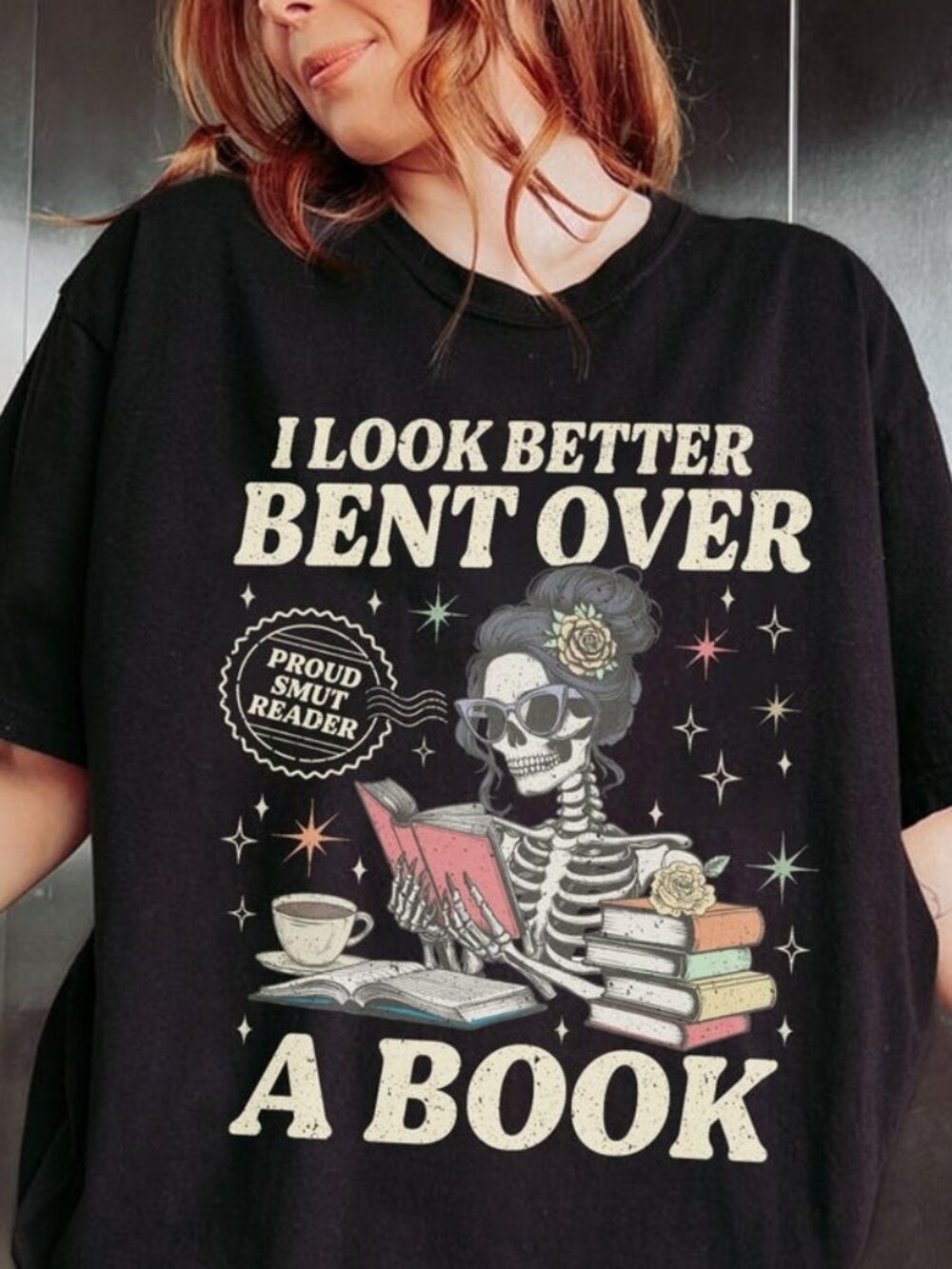 Dark Romance Reader T-shirt, Skeleton Book Lover Tee